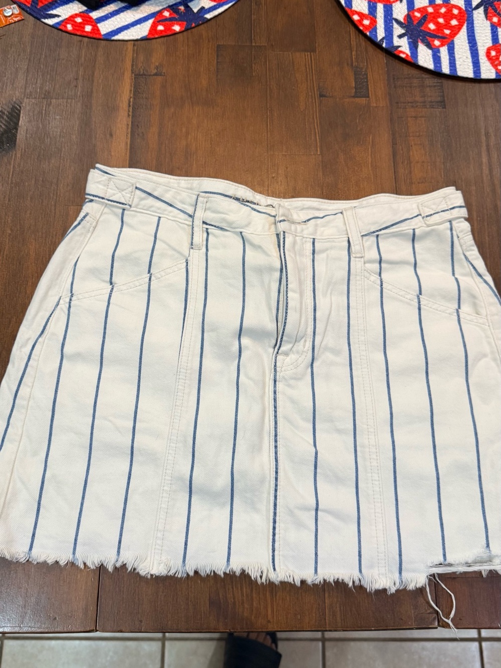 American Eagle Outfitters White Mini Skirt with Blue Pinstripes